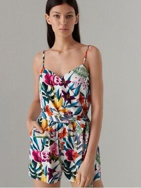 Tropical Floral Wrap Romper in White with Multicolor Print